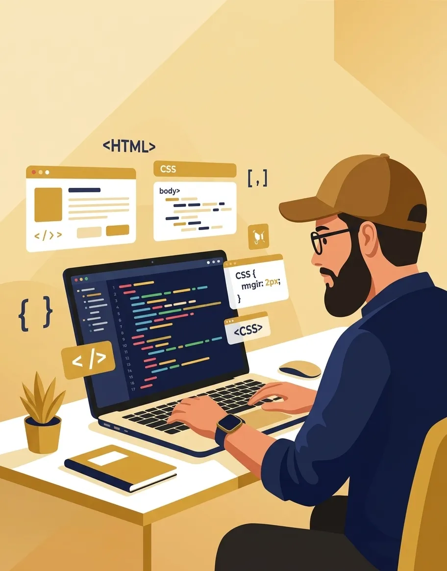 Illustration of a frontend developer coding on laptop with HTML and CSS elements